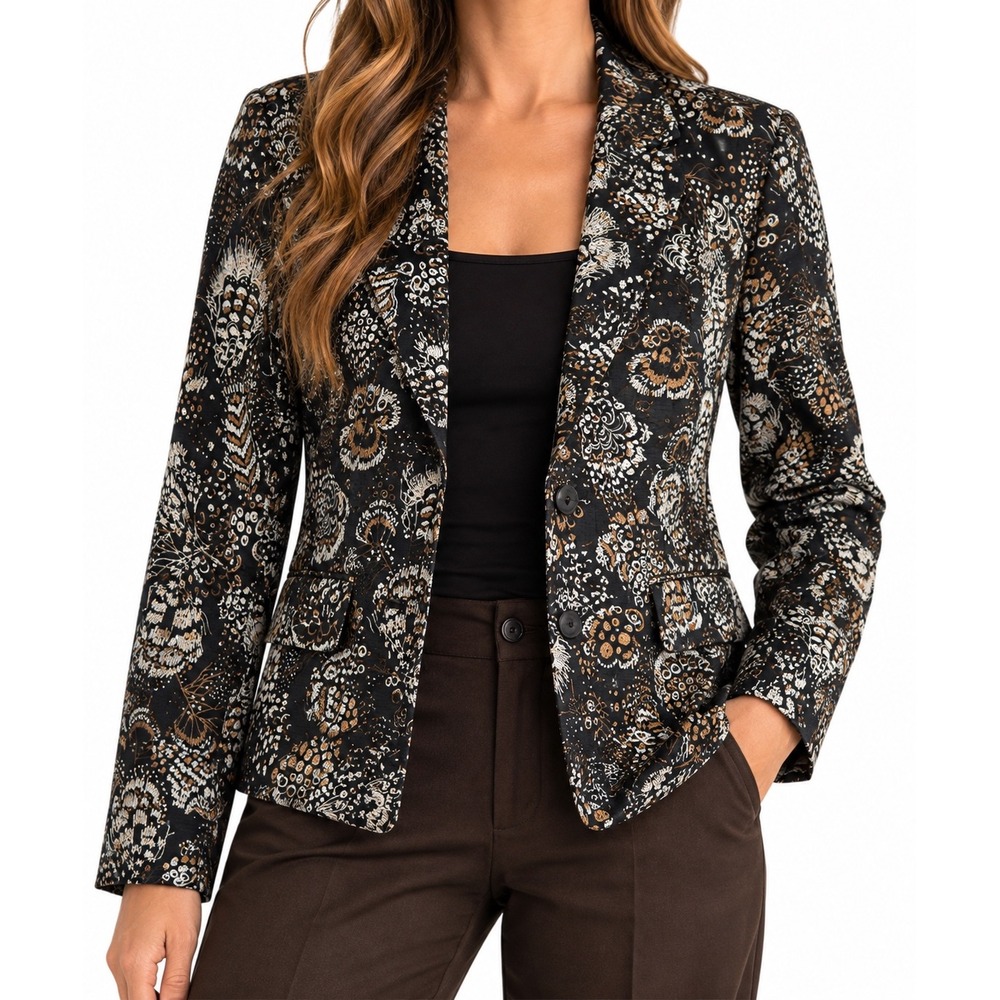 Chico's Blazer Black Metallic Jacquard Silk Blend Women Size 2 Floral Feather